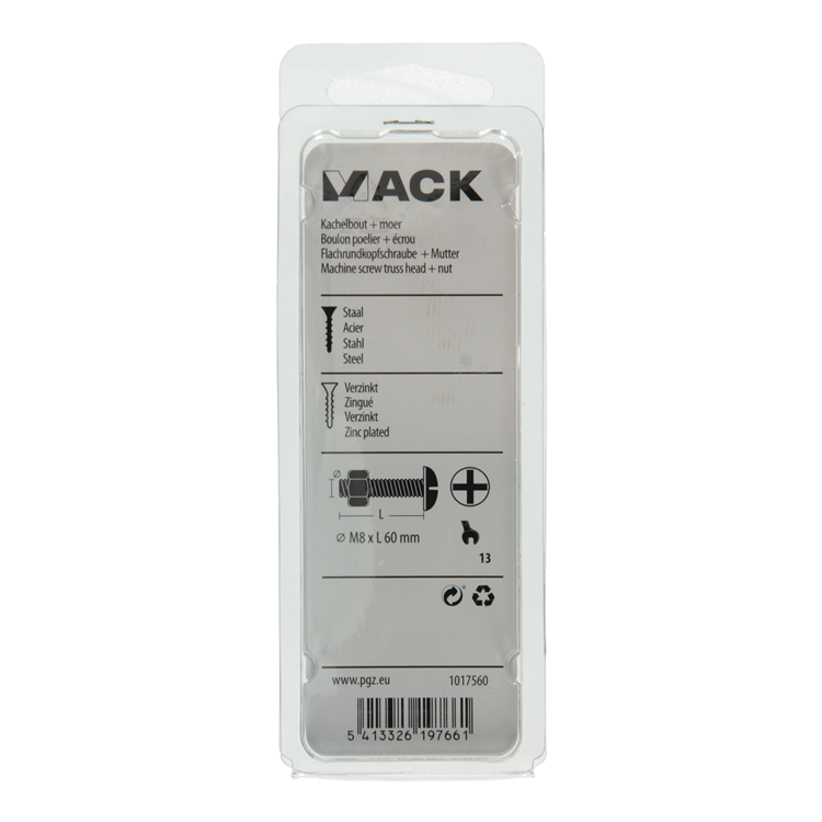 Mack 1017560 - boulon de chauffage + écrou acier galvanisé 4 pcs m8 x 60 mm | 5 pièces