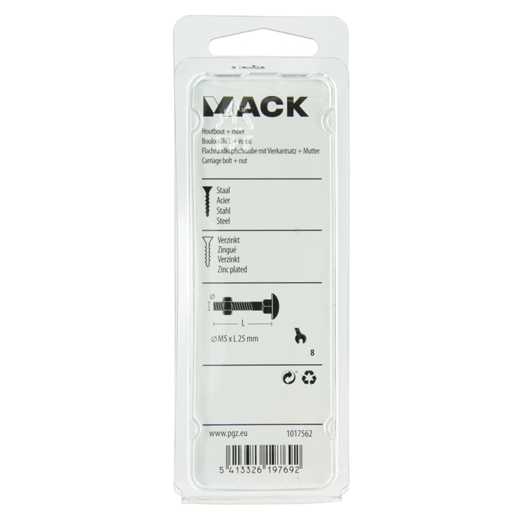 Mack 1017562 - boulon à bois + écrou en acier galvanisé 12 pcs m5 x 25 mm | 5 pièces