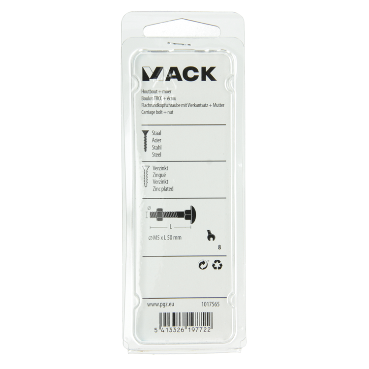 Mack 1017565 - boulon à bois + écrou en acier galvanisé 8 pcs m5 x 50 mm | 5 pièces