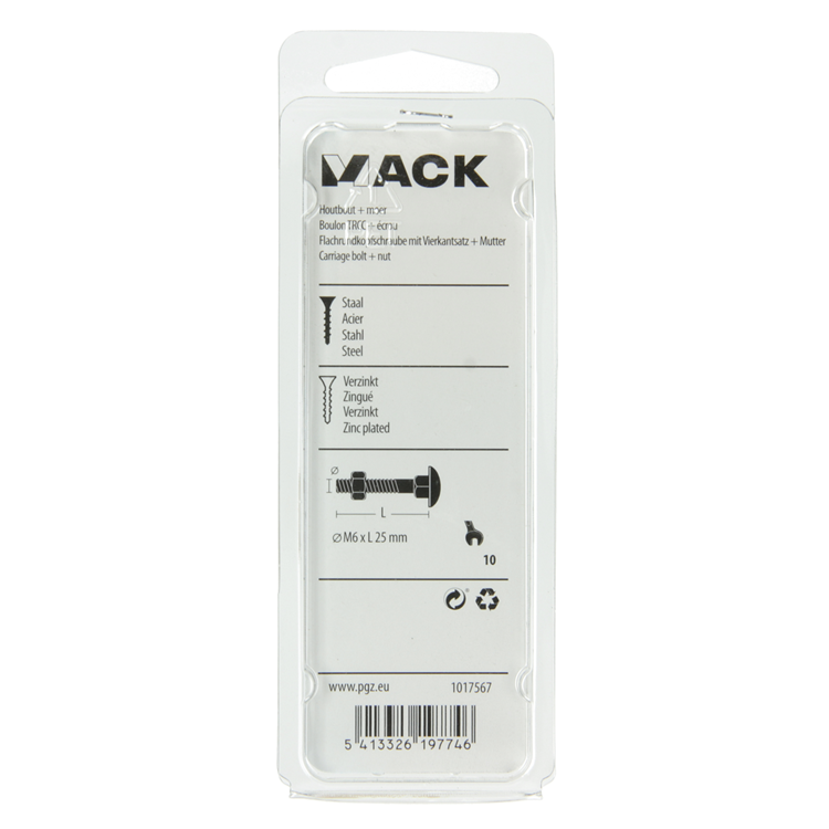 Mack 1017567 - boulon à bois + écrou en acier galvanisé 9 pcs m6 x 25 mm | 5 pièces