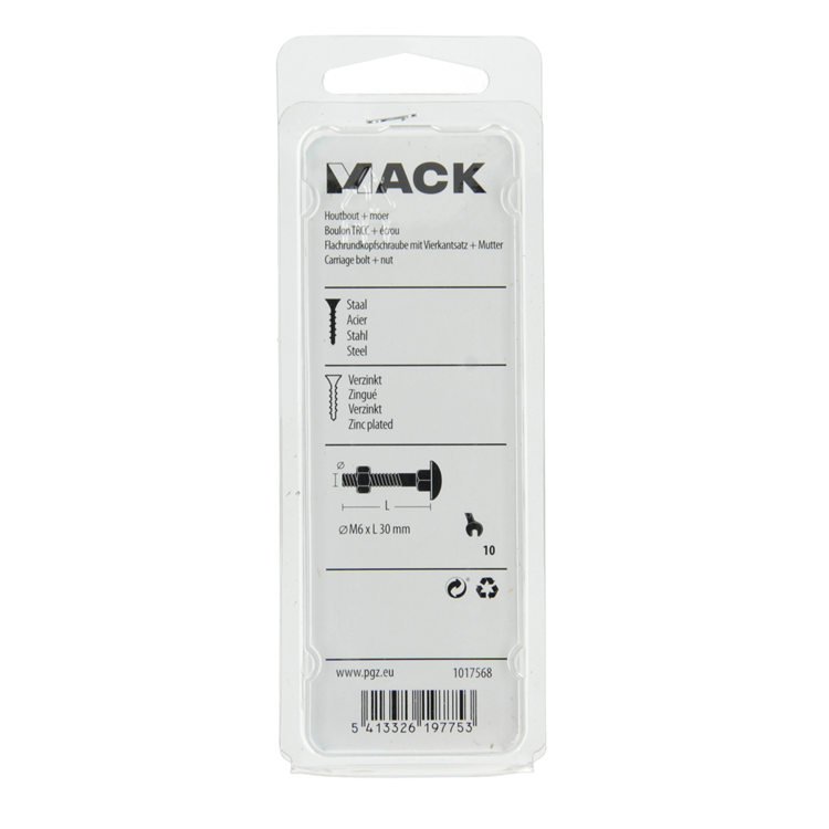 Mack 1017568 - boulon à bois + écrou en acier galvanisé 8 pcs m6 x 30 mm | 5 pièces