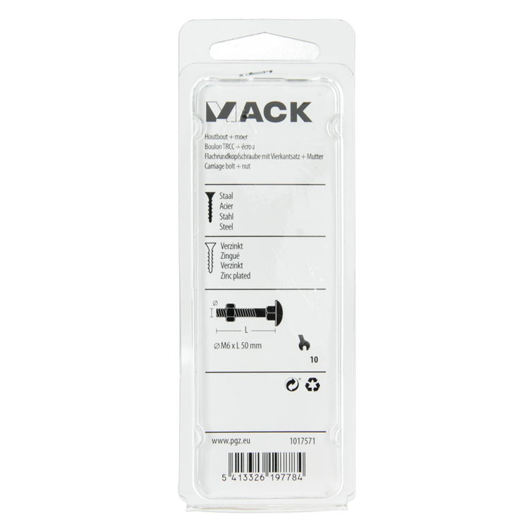 Mack 1017571 - boulon à bois + écrou en acier galvanisé 7 pcs m6 x 50 mm | 5 pièces