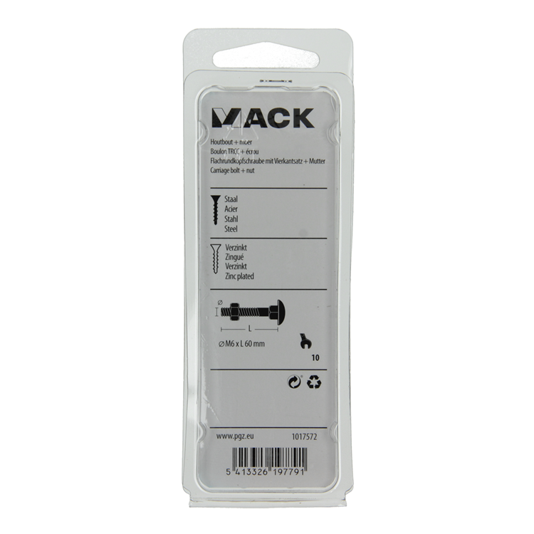Mack 1017572 - boulon à bois + écrou en acier galvanisé 6 pcs m6 x 60 mm | 5 pièces