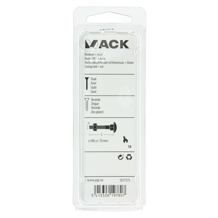 Mack 1017573 - boulon à bois + écrou en acier galvanisé 5 pcs m6 x 70 mm | 5 pièces