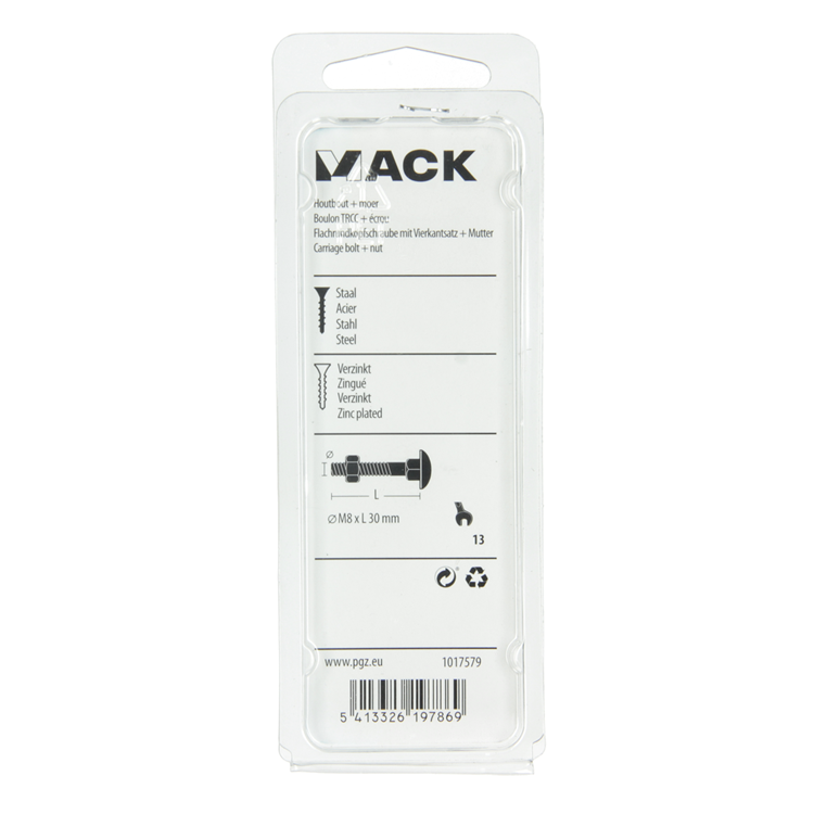 Mack 1017579 - boulon à bois + écrou en acier galvanisé 6 pcs m8 x 30 mm | 5 pièces