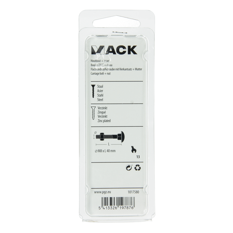 Mack 1017580 - boulon à bois + écrou en acier galvanisé 5 pcs m8 x 40 mm | 5 pièces