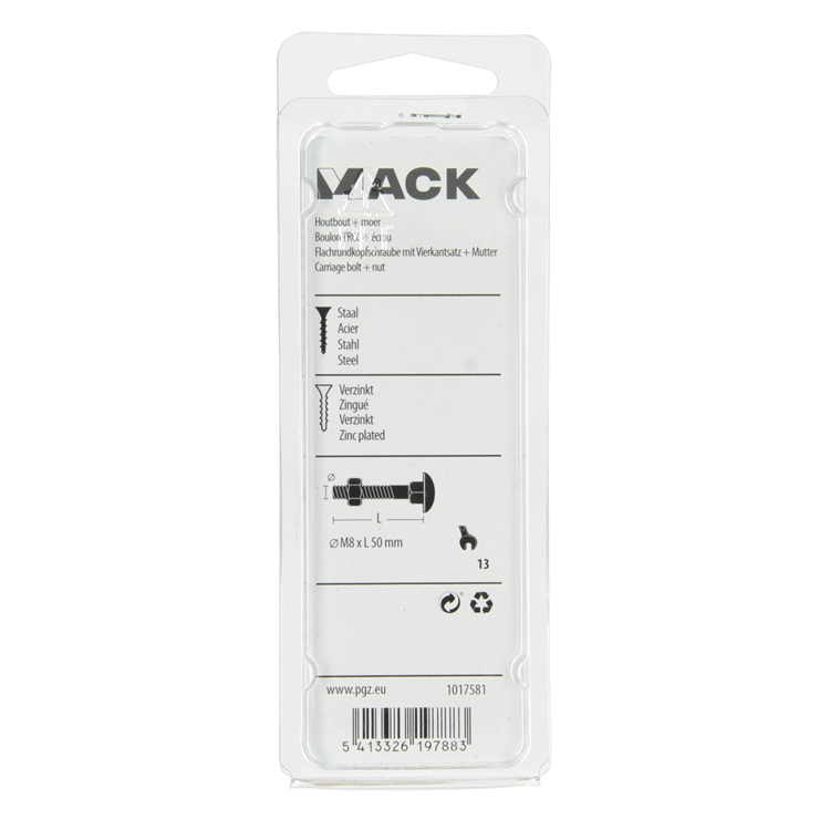 Mack 1017581 - boulon à bois + écrou en acier galvanisé 5 pcs m8 x 50 mm | 5 pièces