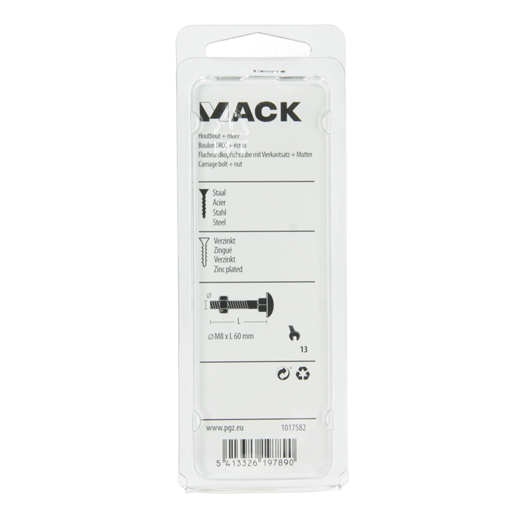 Mack 1017582 - boulon à bois + écrou en acier galvanisé 4 pcs m8 x 60 mm | 5 pièces