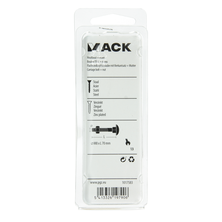 Mack 1017583 - boulon à bois + écrou en acier galvanisé 3 pcs m8 x 70 mm | 5 pièces