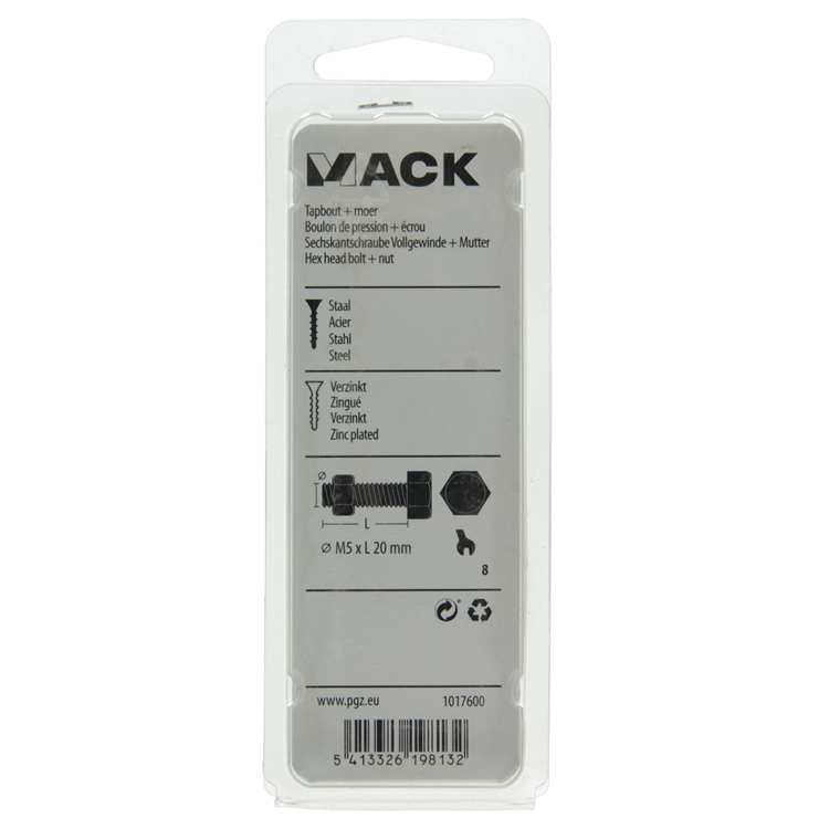 Mack 1017600 - boulon de robinet + écrou en acier galvanisé 14 pièces m5 x 20 mm | 10 pièces