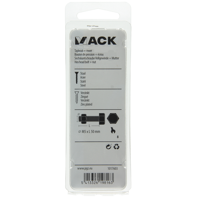 Mack 1017603 - boulon de robinet + écrou en acier galvanisé 8 pièces m5 x 50 mm | 10 pièces