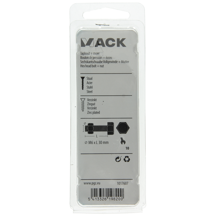 Mack 1017607 - boulon de robinet + écrou en acier galvanisé 12 pcs m6 x 30 mm | 10 pièces
