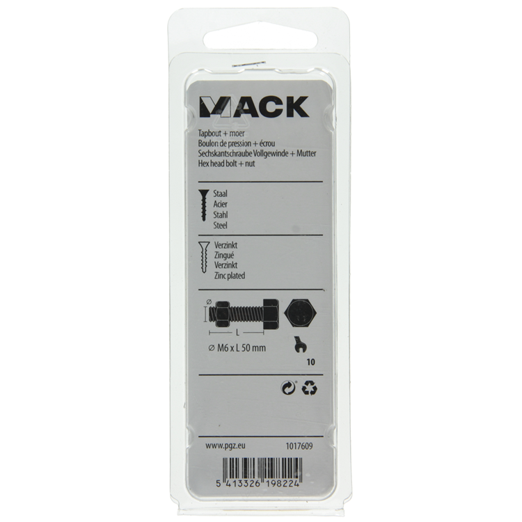 Mack 1017609 - boulon de robinet + écrou en acier galvanisé 8 pièces m6 x 50 mm | 5 pièces