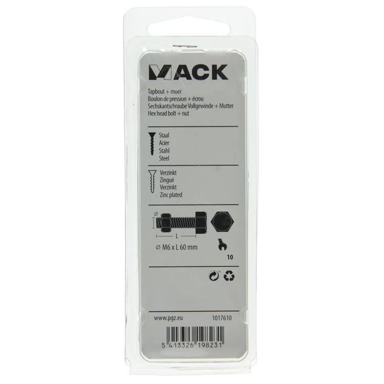 Mack 1017610 - boulon de robinet + écrou en acier galvanisé 7 pcs m6 x 60 mm | 10 pièces