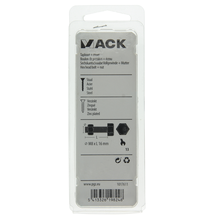 Mack 1017611 - boulon de robinet + écrou en acier galvanisé 8 pcs m8 x 16 mm | 10 pièces