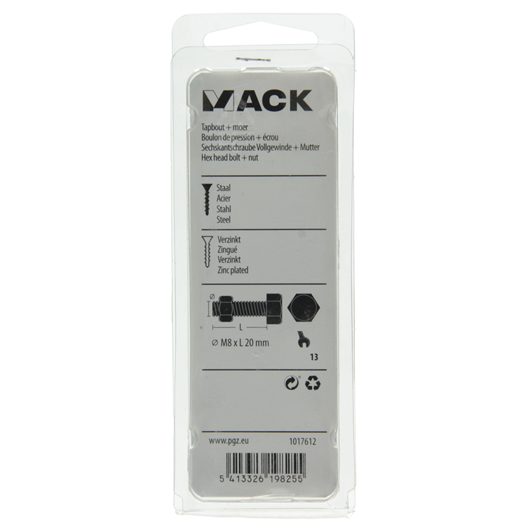 Mack 1017612 - boulon de robinet + écrou en acier galvanisé 7 pcs m8 x 20 mm | 10 pièces