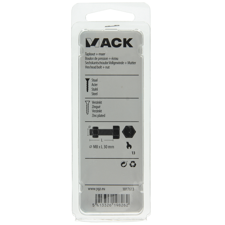 Mack 1017613 - boulon de robinet + écrou en acier galvanisé 6 pcs m8 x 30 mm | 5 pièces