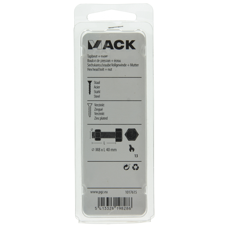 Mack 1017615 - boulon de robinet + écrou en acier galvanisé 5 pièces m8 x 40 mm | 5 pièces
