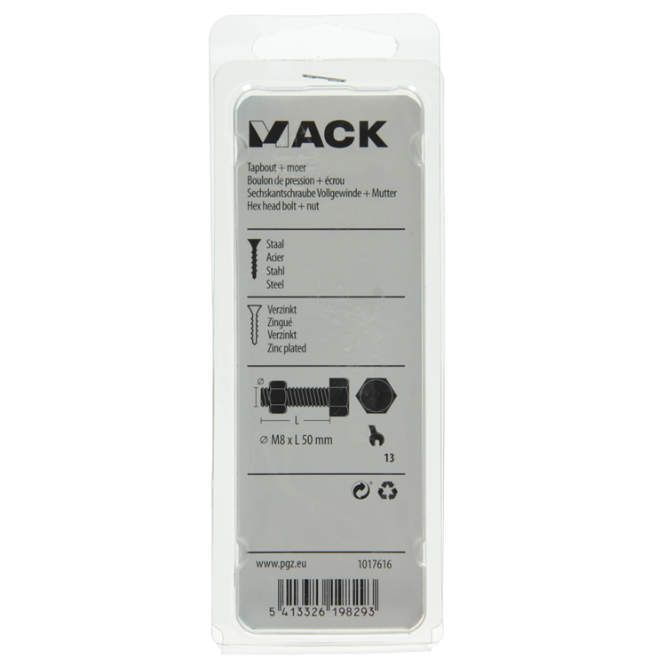 Mack 1017616 - boulon de robinet + écrou en acier galvanisé 4 pcs m8 x 50 mm | 10 pièces