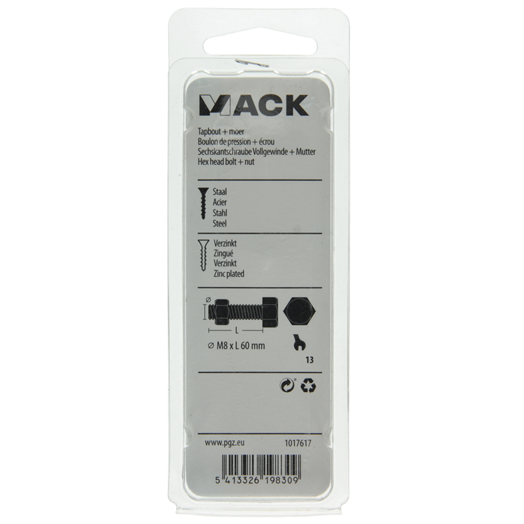 Mack 1017617 - boulon de robinet + écrou en acier galvanisé 4 pcs m8 x 60 mm | 10 pièces