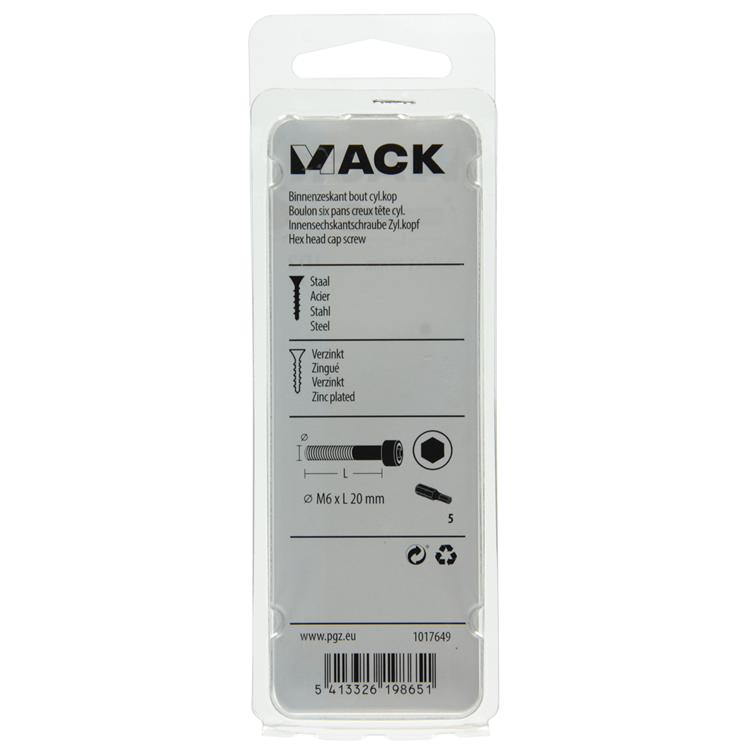 Mack 1017649 - boulon à six pans creux cyl. tête plaquée. 7 pièces m6 x 20 mm | 10 pièces