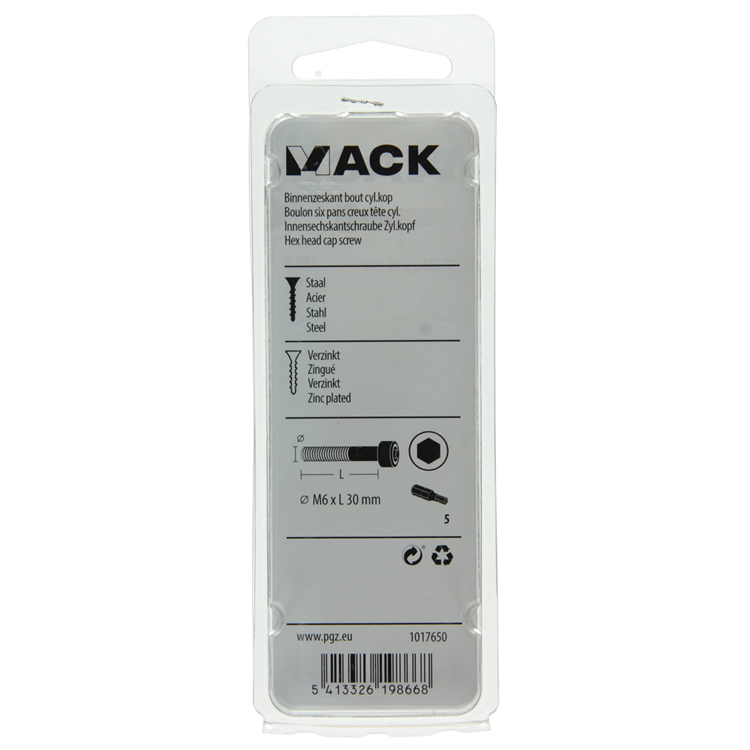 Mack 1017650 - boulon à six pans creux cyl. tête plaquée. 6 pièces m6 x 30 mm | 10 pièces