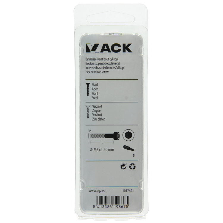 Mack 1017651 - boulon à six pans creux cyl. tête plaquée. 5 pièces m6 x 40 mm | 10 pièces