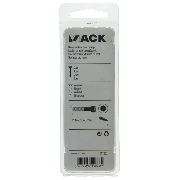 Mack 1017652 - boulon à six pans creux cyl. tête plaquée. 4 pièces m6 x 60 mm | 10 pièces