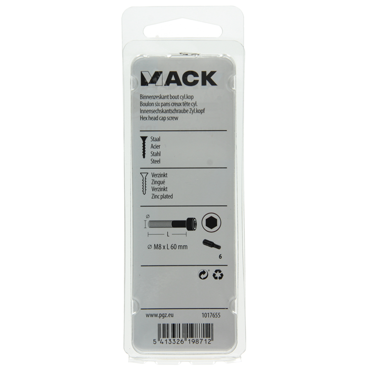 Mack 1017655 - boulon à six pans creux cyl. tête plaquée. 3 pièces m8 x 60 mm | 10 pièces