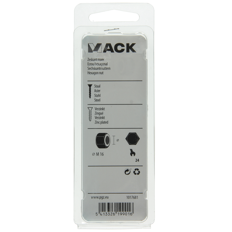 Mack 1017681 - écrou hexagonal en acier galvanisé 3 pcs m 16 | 10 pièces