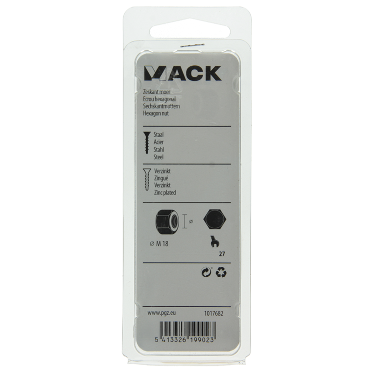 Mack 1017682 - écrou hexagonal en acier galvanisé 2 pcs m 18 | 10 pièces