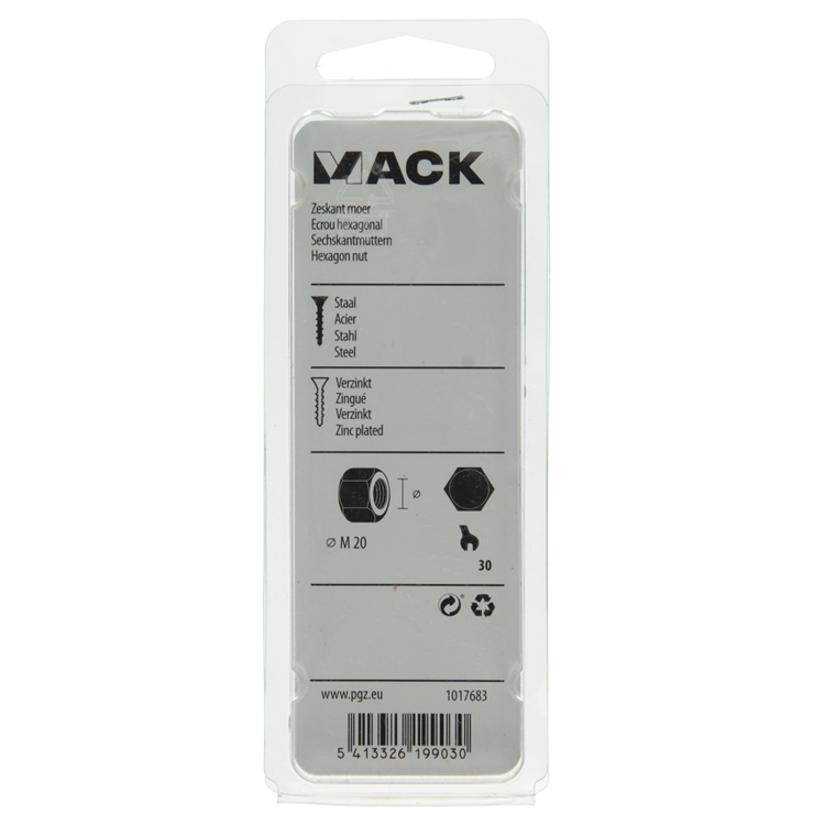 Mack 1017683 - écrou hexagonal en acier galvanisé 2 pcs m 20 | 5 pièces