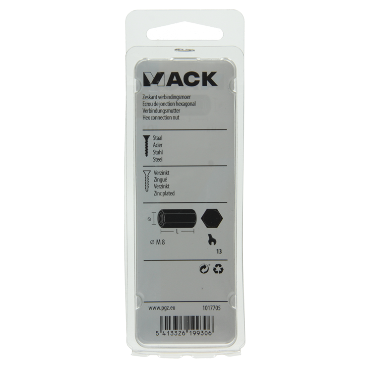 Mack 1017705 - écrou de connexion hexagonal galvanisé 2 pcs m8 | 10 pièces