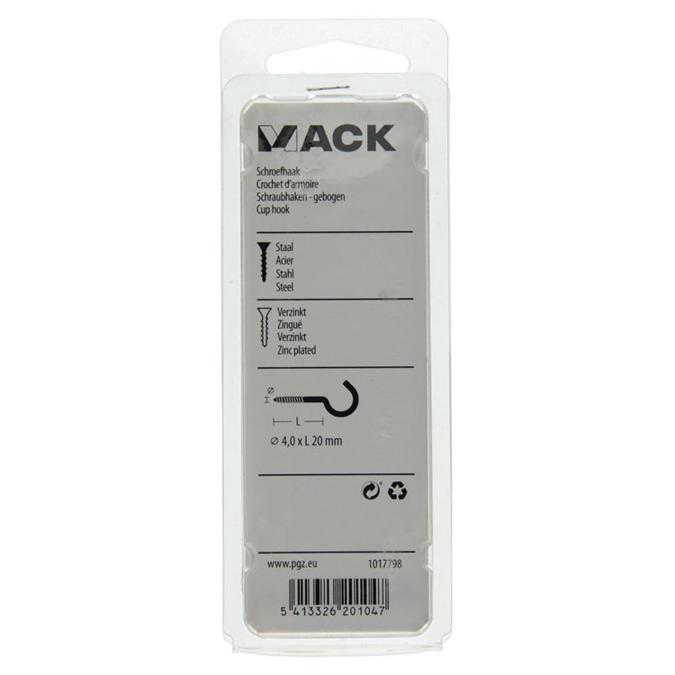 Mack 1017798 - crochet à vis en acier galvanisé 8 pièces 4,0 x 20 mm | 10 pièces