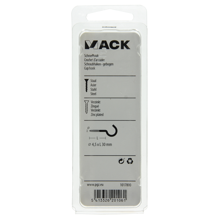 Mack 1017800 - crochet à vis acier galvanisé 6 pcs 4,5 x 30 mm | 10 pièces
