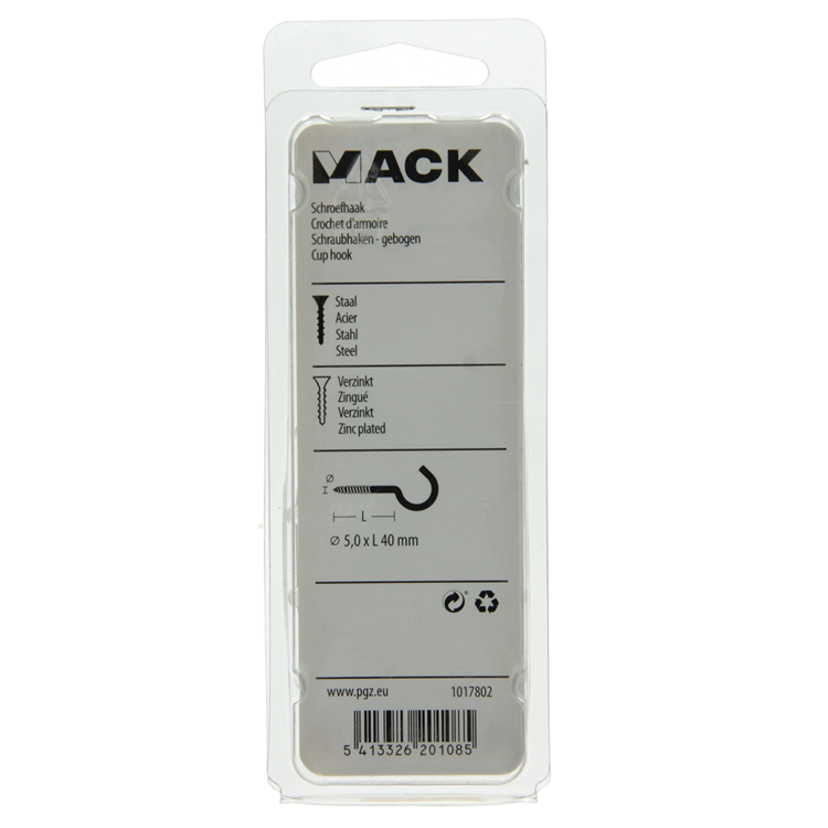 Mack 1017802 - crochet à vis acier galvanisé 4pcs 5,0 x 40 mm | 5 pièces