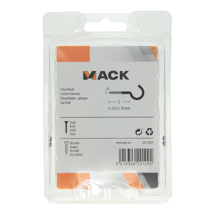 Mack 1017803 - crochet à vis acier galvanisé 4pcs 5,0 x 50 mm | 5 pièces