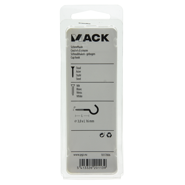 Mack 1017806 - crochet à vis acier blanc 7 pcs 3,0 x 16 mm | 10 pièces