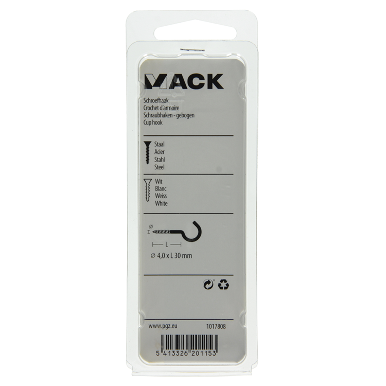 Mack 1017808 - crochet à vis acier blanc 4 pcs 4,0 x 30 mm | 10 pièces