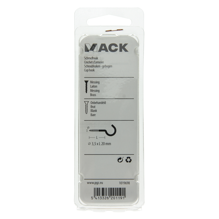 Mack 1019698 - crochet à vis en laiton 3 pcs 3,5 x 20mm | 10 pièces