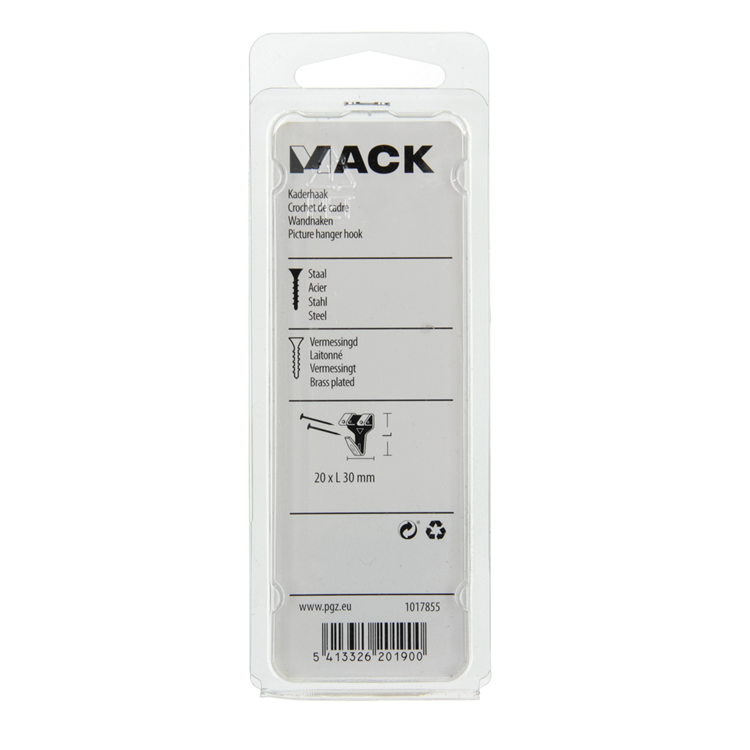 Mack 1017855 - crochet de cadre en acier plaqué laiton 6 pcs 20 x 30 mm | 5 pièces