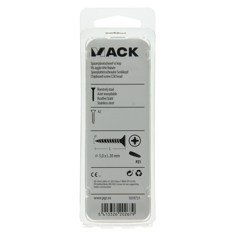Mack 1019731 - vis pour panneaux d'aggloméré tête VZ acier inoxydable 27 pièces 3,0 x 20 mm | 10 pièces