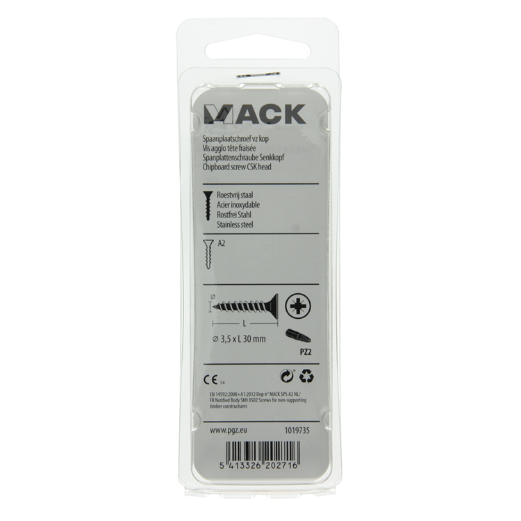 Mack 1019735 - vis pour panneaux d'aggloméré tête VZ acier inoxydable 16 pcs 3,5 x 30 mm | 10 pièces