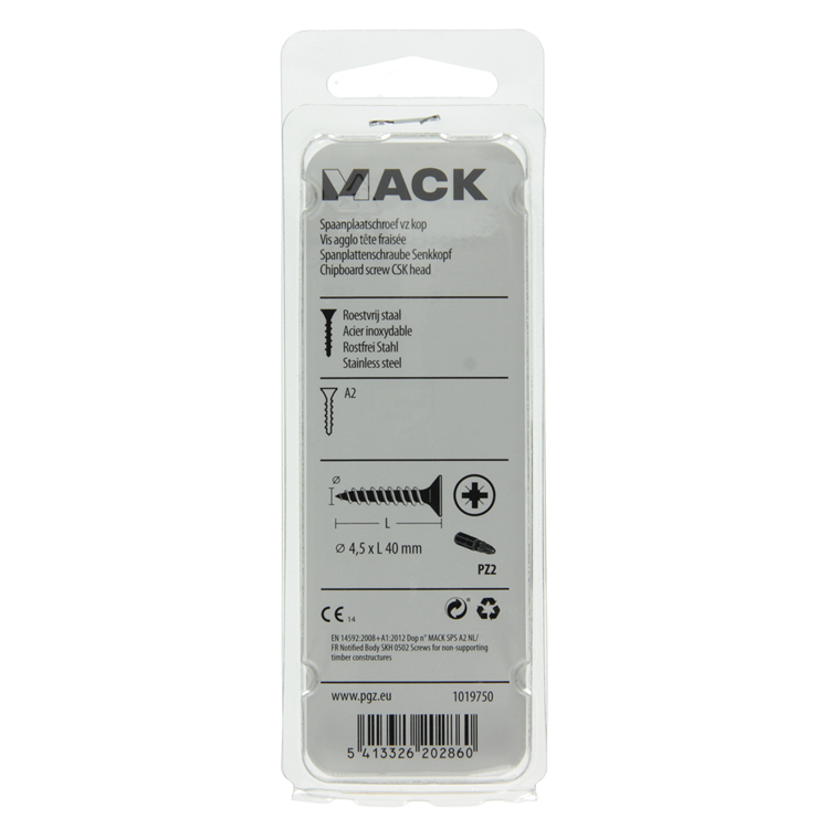 Mack 1019750 - vis pour panneaux d'aggloméré tête VZ acier inoxydable 8 pcs 4,5 x 40 mm | 10 pièces
