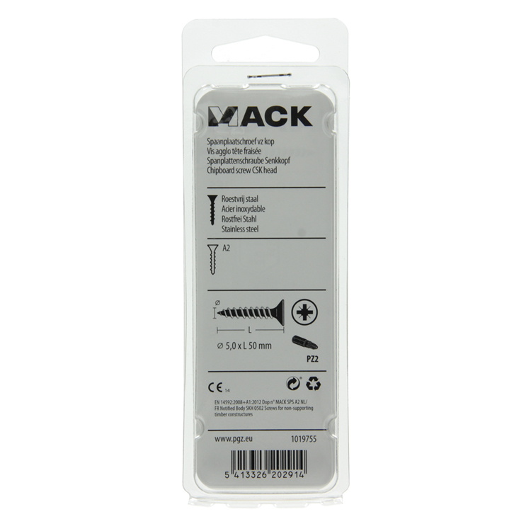 Mack 1019755 - vis pour panneaux d'aggloméré tête VZ acier inoxydable 8 pièces 5,0 x 50 mm | 10 pièces