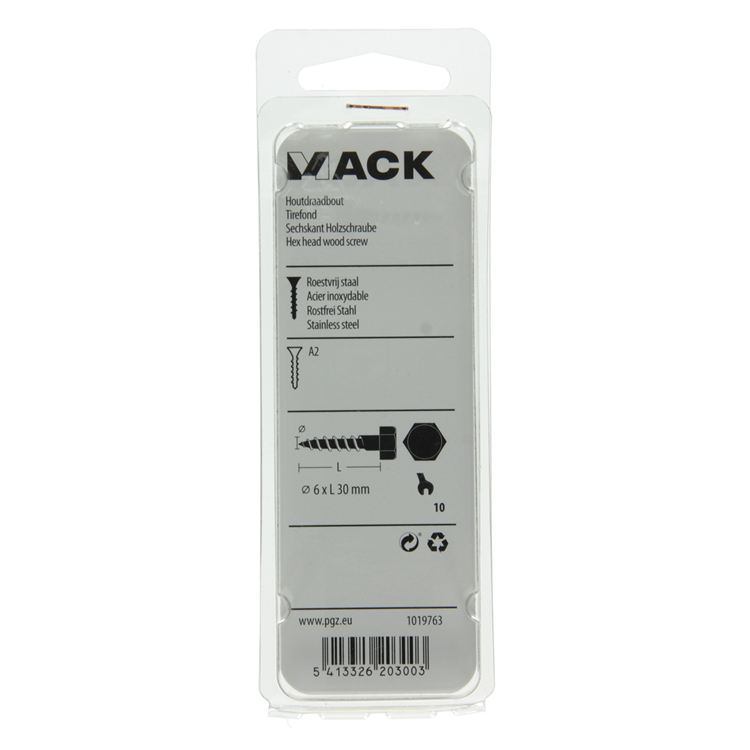 Mack 1019763 - boulon fileté à bois en acier inoxydable 5 pièces 6 x 30 mm | 10 pièces