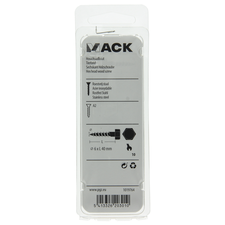 Mack 1019764 - boulon fileté à bois en acier inoxydable 4 pcs 6 x 40 mm | 10 pièces