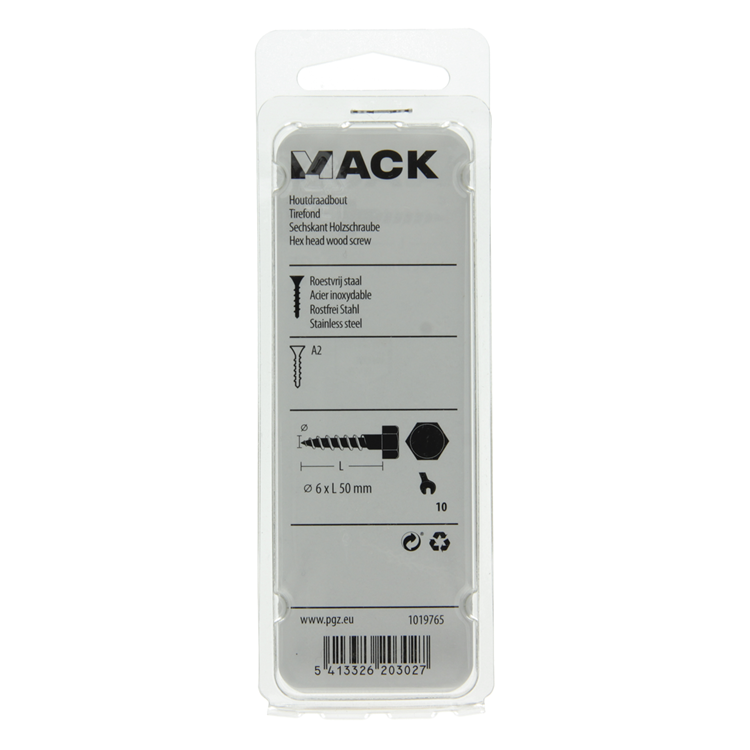 Mack 1019765 - boulon fileté à bois en acier inoxydable 4 pièces 6 x 50 mm | 10 pièces