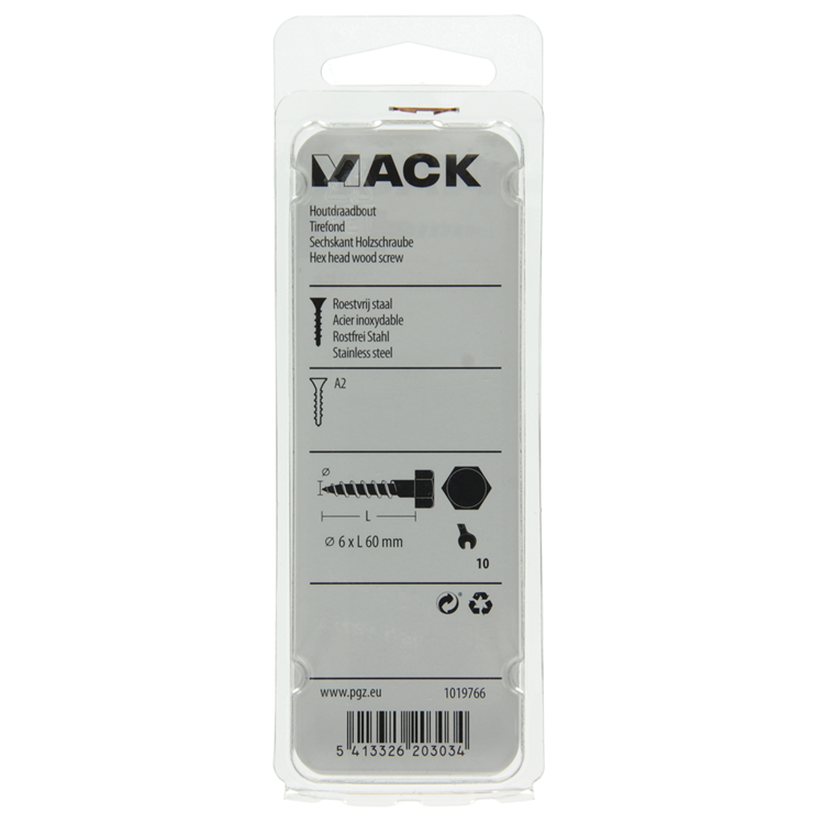 Mack 1019766 - wood thread bolt stainless steel 3 pcs 6 x 60 mm | 10 pièces