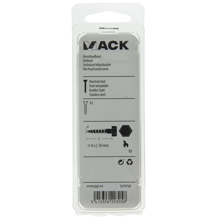 Mack 1019768 - boulon fileté à bois en acier inoxydable 2 pcs 8 x 50 mm | 10 pièces
